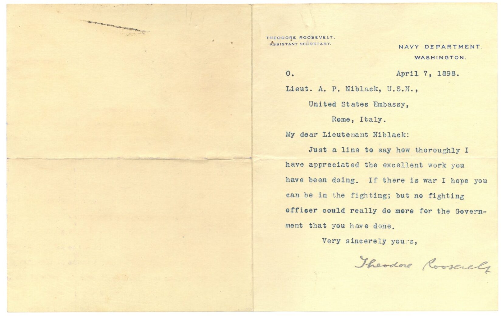 Telegram from Theodore Roosevelt to Lieutenant A. P. Niblack.