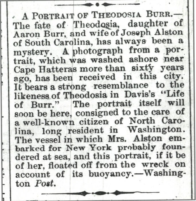 Part of a newspaper article at Theodosia Burr