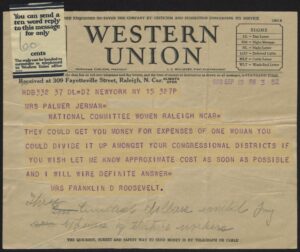 Telegram from Mrs. Franklin D. Roosevelt to Cornelia Petty Jerman.