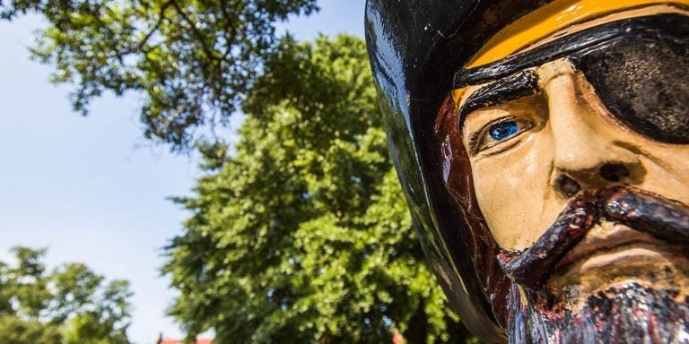 Closeup of pirate statue on campus
