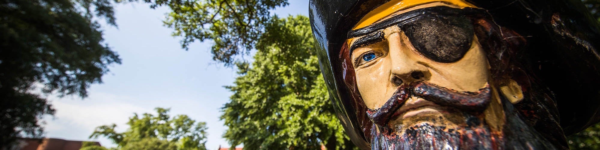 Closeup of pirate statue on campus