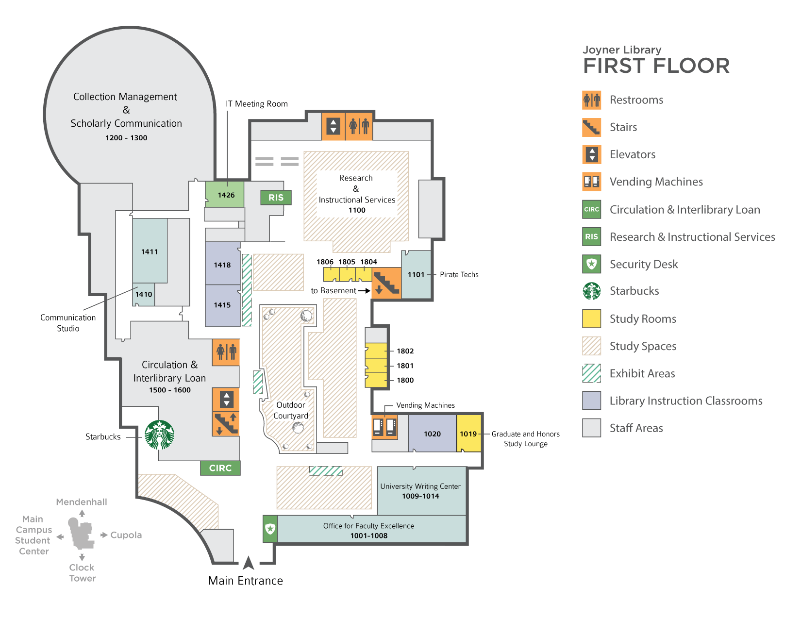 Map of the first floor of Joyner Library