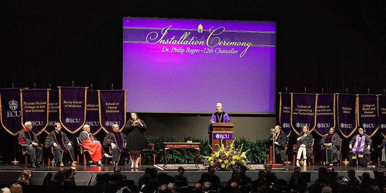 Dr. Philip Rogers was officially installed as East Carolina University's 12th chancellor. (Photo by Cliff Hollis)