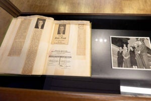 Photographs and other artifacts grouped in a case about congresswoman Jane Pratt.